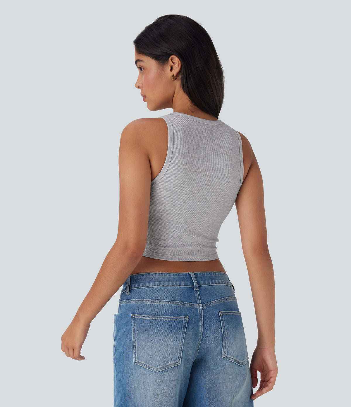 Round Neck Cropped Casual Tank Vest Top — Mottled Grey — view 2