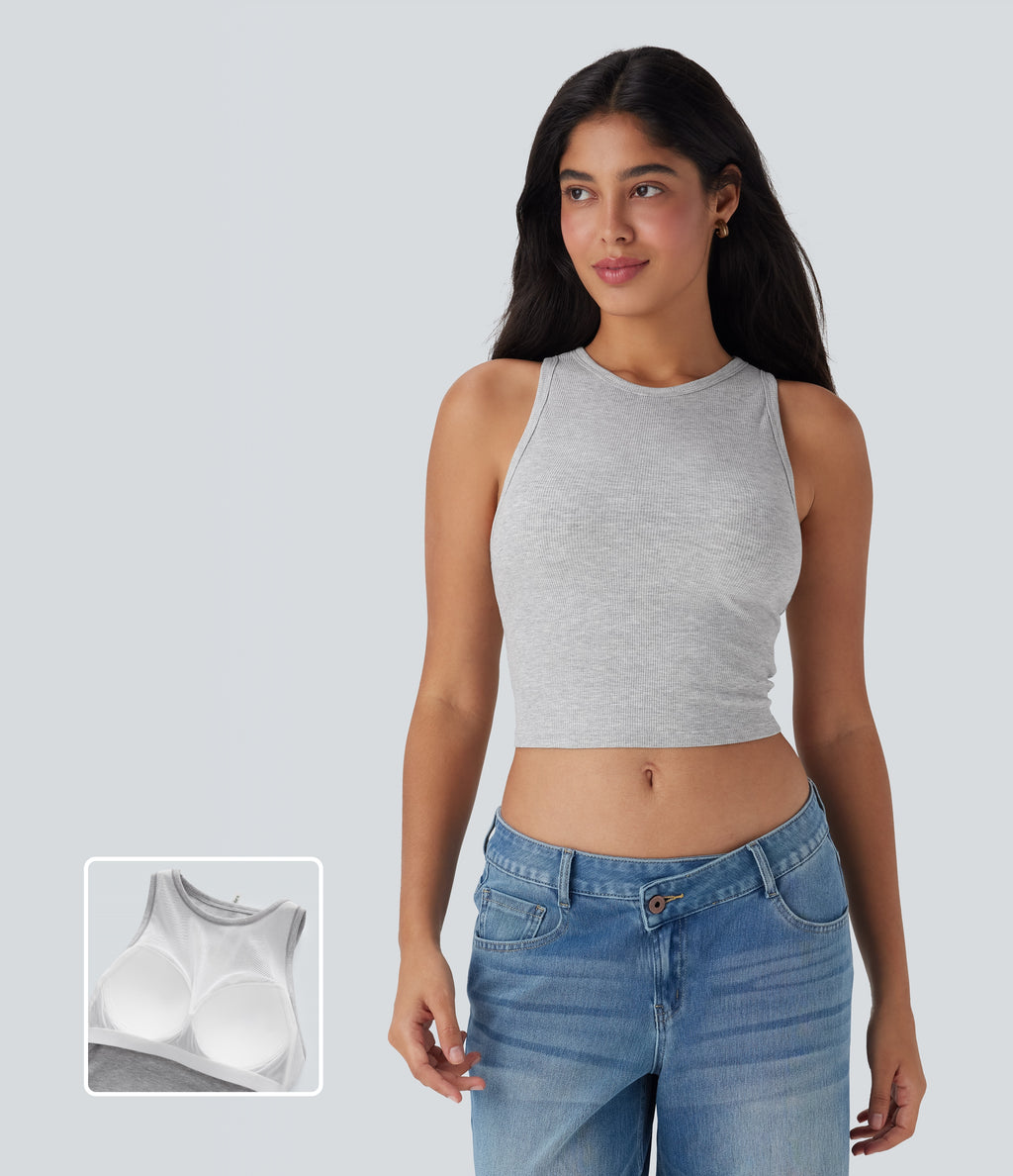 Round Neck Cropped Casual Tank Vest Top — Mottled Grey — view 1
