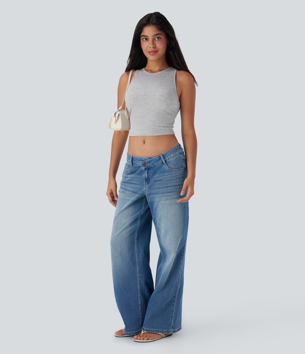 Round Neck Cropped Casual Tank Vest Top — Mottled Grey — view 5