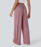 High Waisted Straight Leg Crinkle Casual Trousers with Side Pockets — Candy Pink Black Stripes — view 2