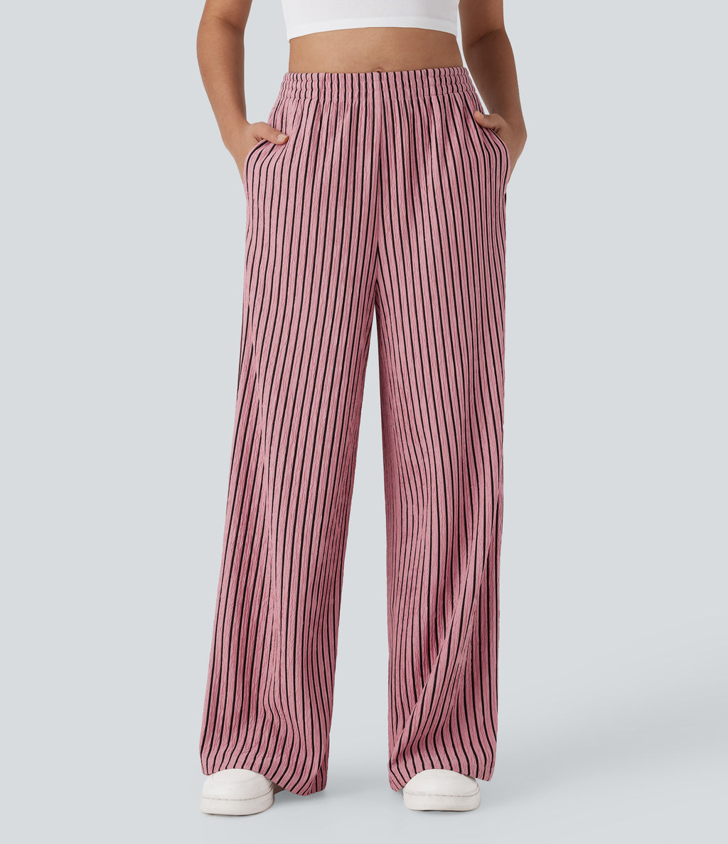 High Waisted Straight Leg Crinkle Casual Trousers with Side Pockets — Candy Pink Black Stripes — view 1
