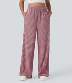 High Waisted Straight Leg Crinkle Casual Trousers with Side Pockets — Candy Pink Black Stripes — view 1