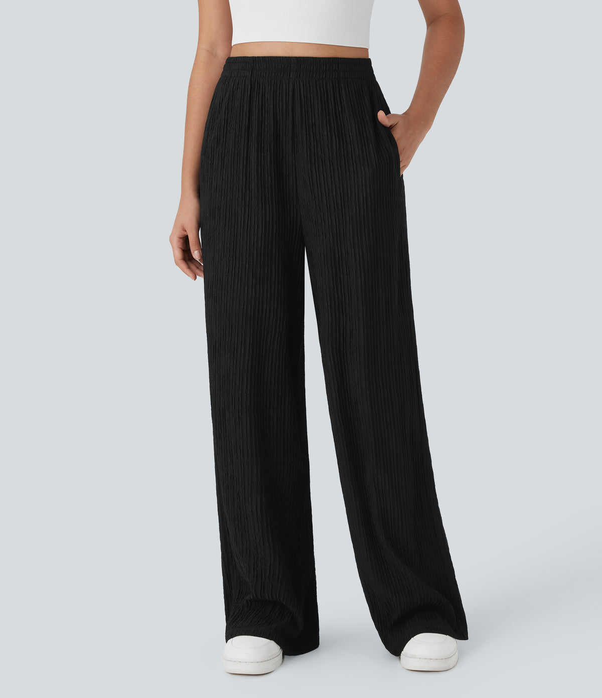 High Waisted Straight Leg Crinkle Casual Trousers with Side Pockets — Black — view 6