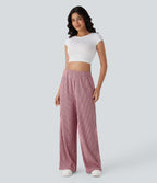 High Waisted Straight Leg Crinkle Casual Trousers with Side Pockets — Candy Pink Black Stripes — view 5