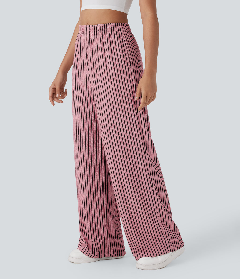 High Waisted Straight Leg Crinkle Casual Trousers with Side Pockets — Candy Pink Black Stripes — view 3