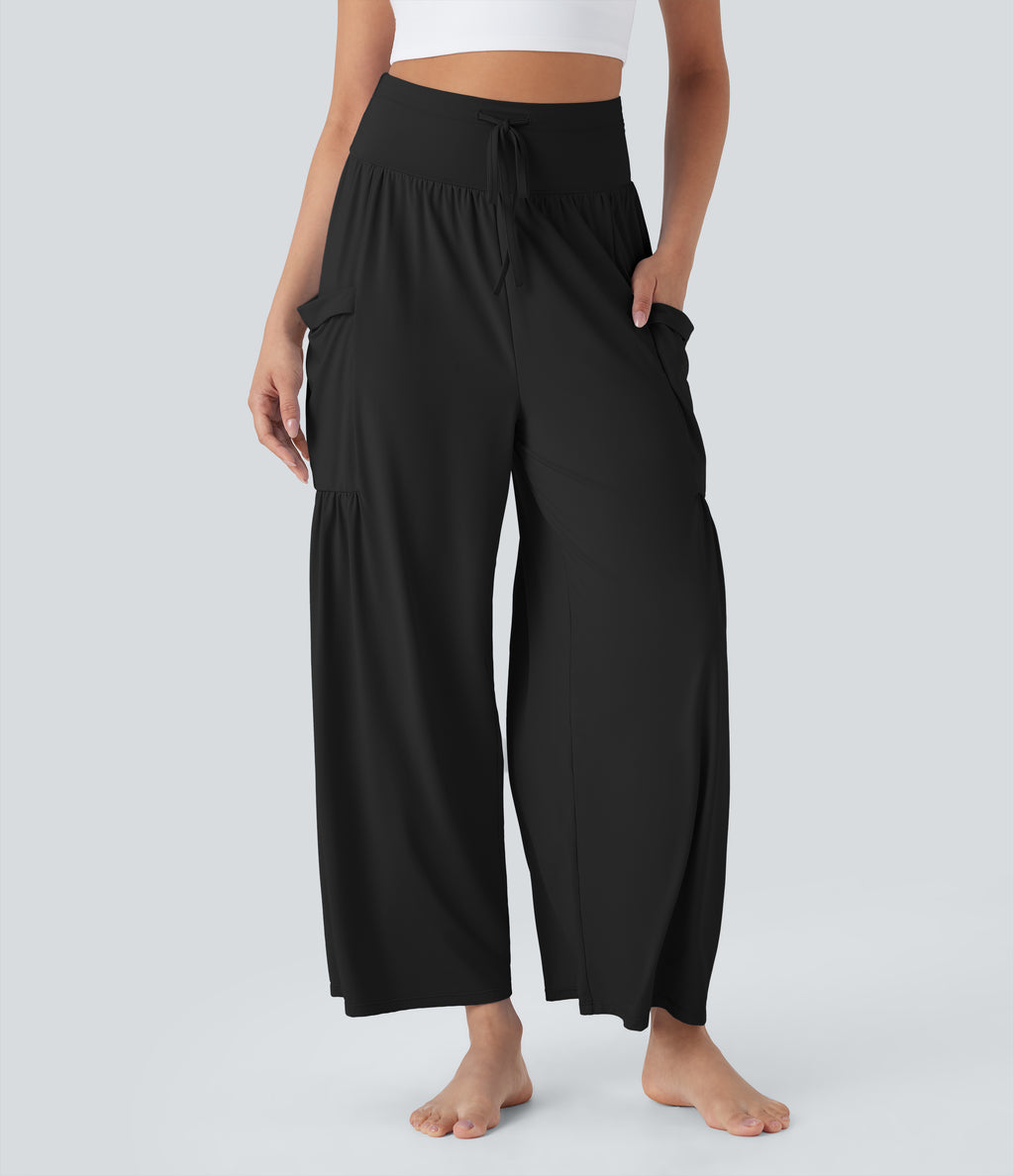 High Waisted Tummy Control Drawstring Wide Leg InstantCool Yoga Trousers with Pockets-UPF50+ — Black — view 3