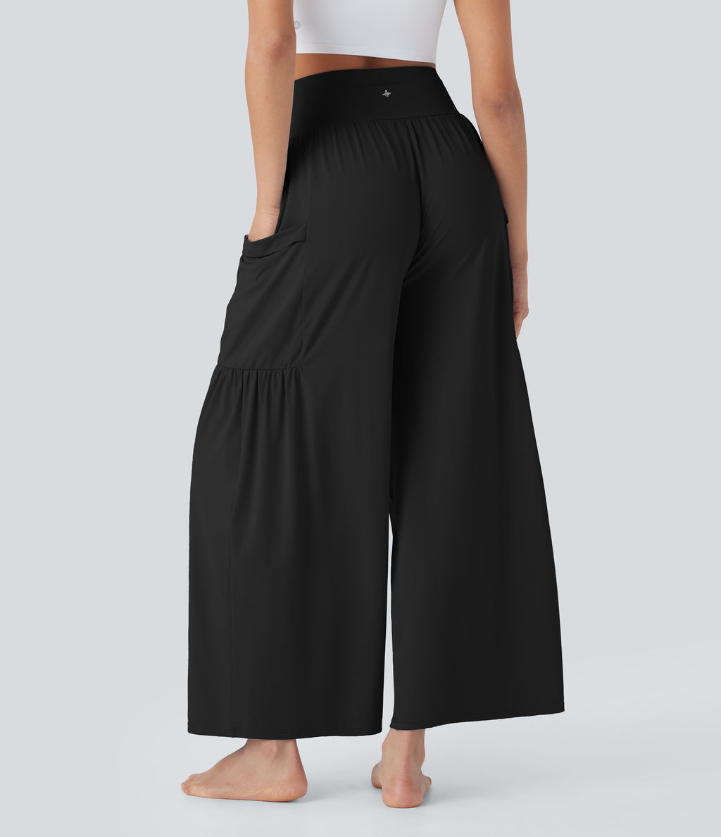 High Waisted Tummy Control Drawstring Wide Leg InstantCool Yoga Trousers with Pockets-UPF50+ — Black — view 2