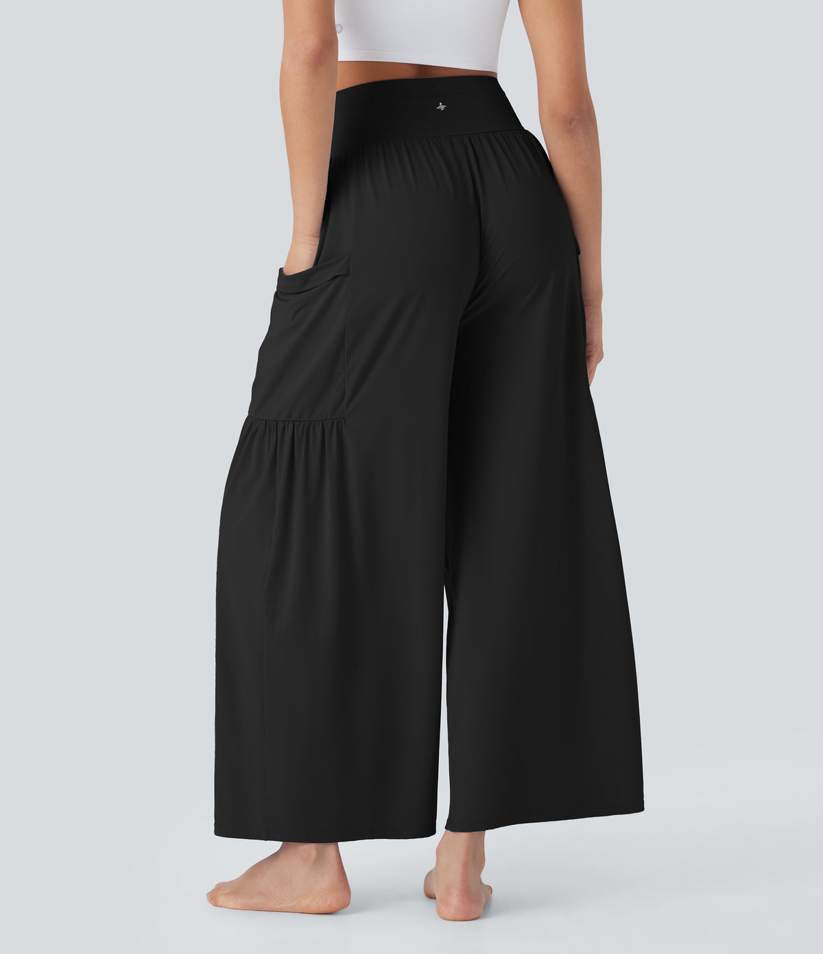 High Waisted Tummy Control Drawstring Wide Leg InstantCool Yoga Trousers with Pockets-UPF50+ — Black — view 2