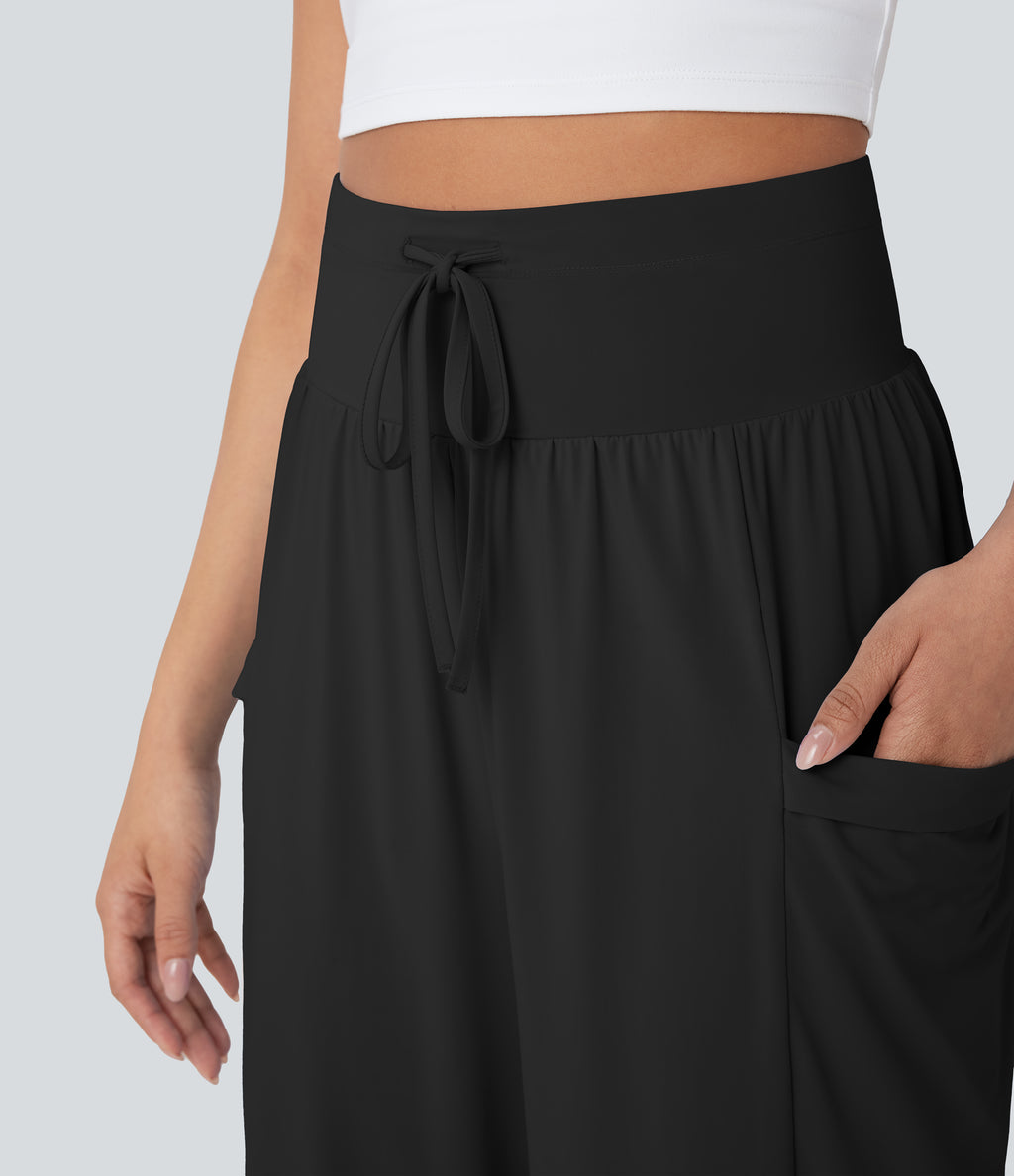 High Waisted Tummy Control Drawstring Wide Leg InstantCool Yoga Trousers with Pockets-UPF50+ — Black — view 4