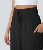 High Waisted Tummy Control Drawstring Wide Leg InstantCool Yoga Trousers with Pockets-UPF50+ — Black — view 4