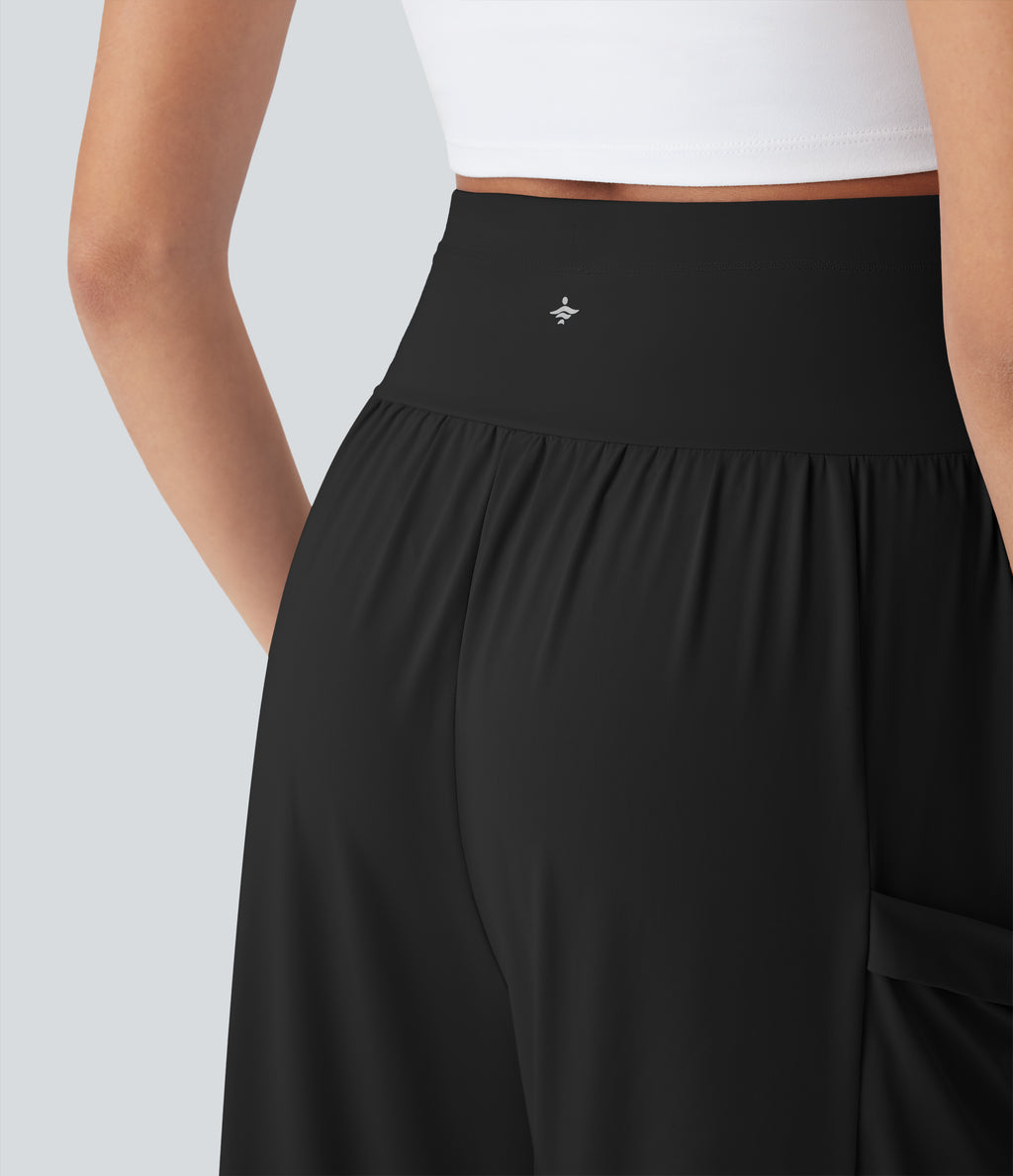 High Waisted Tummy Control Drawstring Wide Leg InstantCool Yoga Trousers with Pockets-UPF50+ — Black — view 5