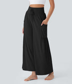 High Waisted Tummy Control Drawstring Wide Leg InstantCool Yoga Trousers with Pockets-UPF50+ — Black — view 1