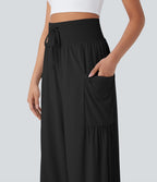 High Waisted Tummy Control Drawstring Wide Leg InstantCool Yoga Trousers with Pockets-UPF50+ — Black — view 6