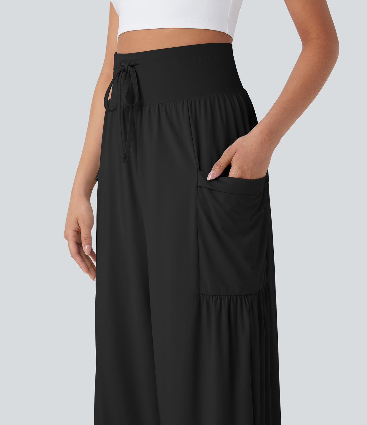 High Waisted Tummy Control Drawstring Wide Leg InstantCool Yoga Trousers with Pockets-UPF50+ — Black — view 6