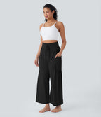 High Waisted Tummy Control Drawstring Wide Leg InstantCool Yoga Trousers with Pockets-UPF50+ — Black — view 7