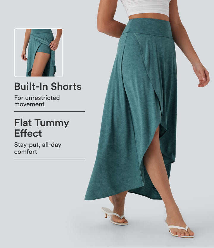 High Waisted Tummy Control High Low 2-in-1 Flowy Maxi Casual Skirt — Stone Green Floral Yarn — view 1