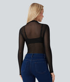 Sheer Mesh Mock-neck Snap Button Casual Bodysuit — Black — view 4