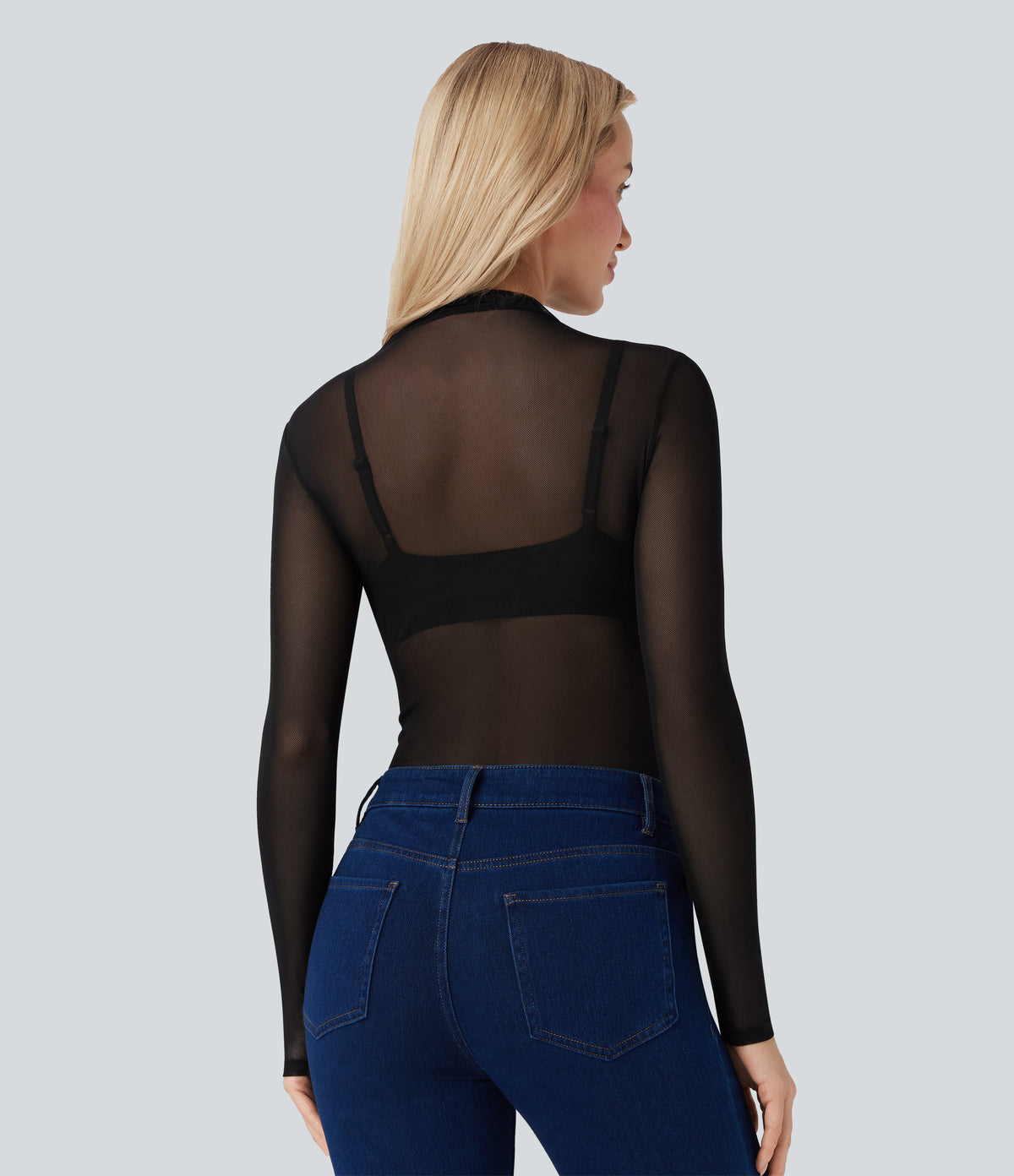 Sheer Mesh Mock-neck Snap Button Casual Bodysuit — Black — view 4