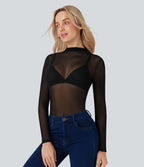 Sheer Mesh Mock-neck Snap Button Casual Bodysuit — Black — view 6