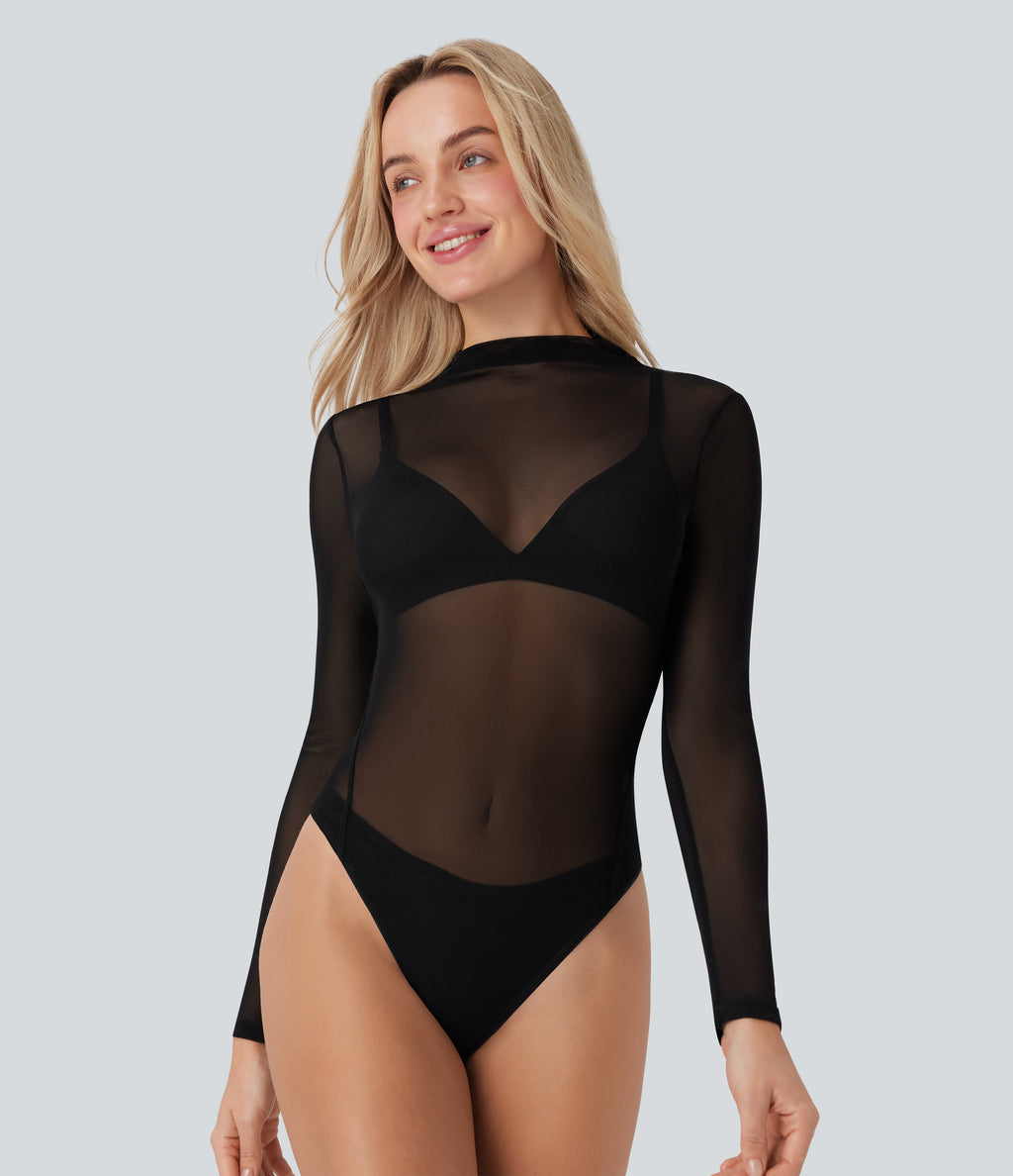 Sheer Mesh Mock-neck Snap Button Casual Bodysuit — Black — view 5