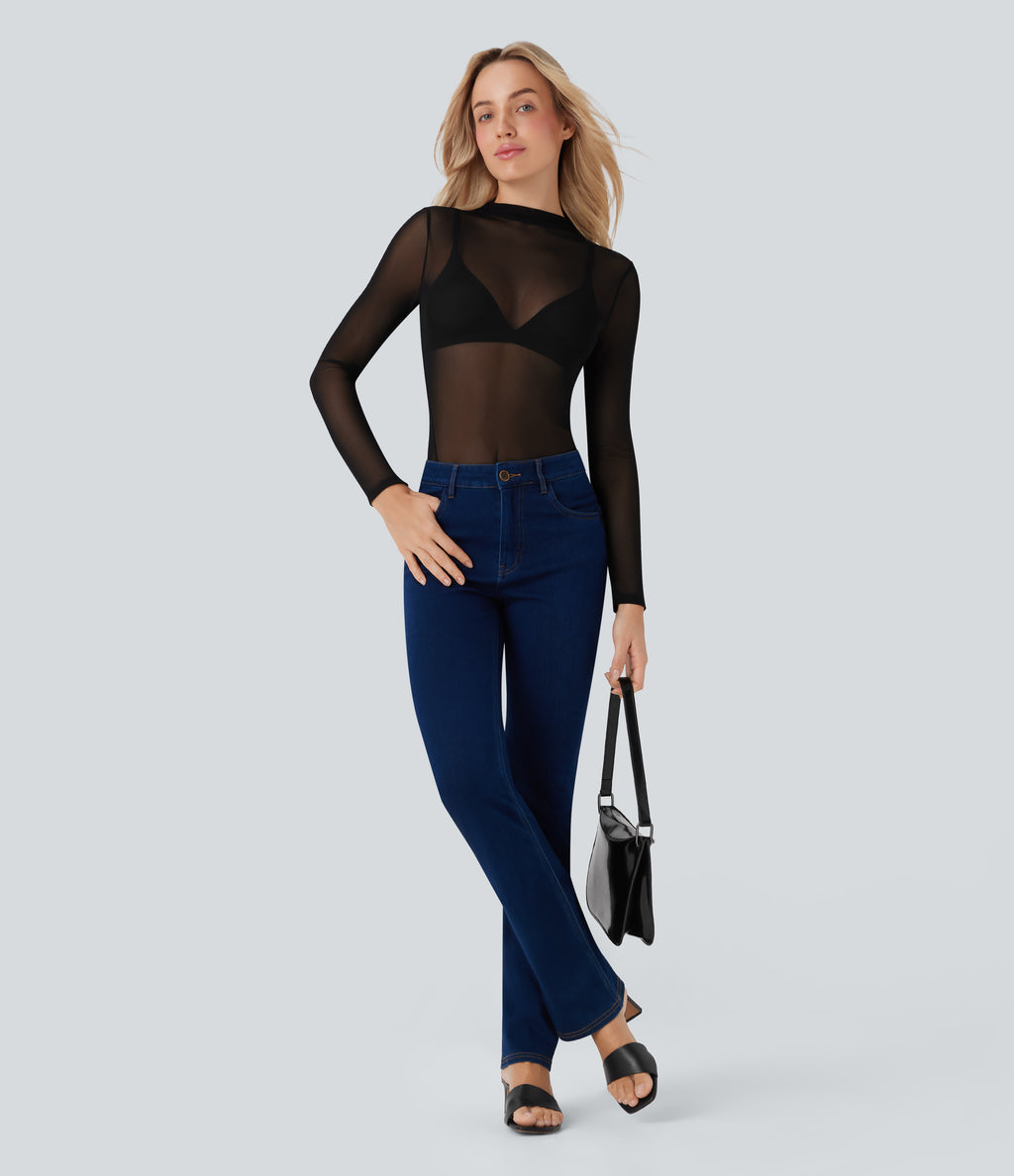 Sheer Mesh Mock-neck Snap Button Casual Bodysuit — Black — view 8
