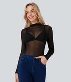 Sheer Mesh Mock-neck Snap Button Casual Bodysuit — Black — view 2