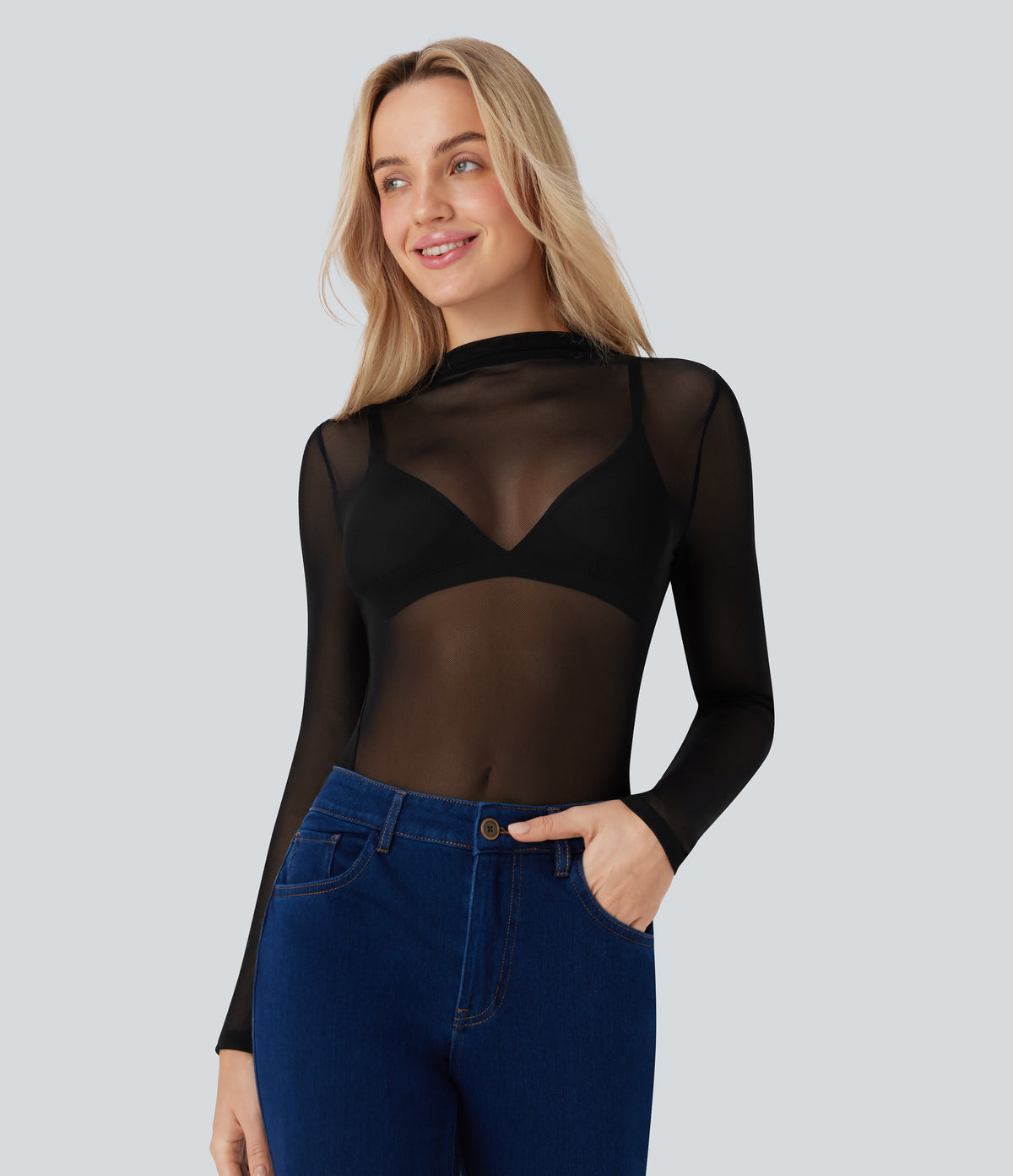 Sheer Mesh Mock-neck Snap Button Casual Bodysuit — Black — view 2