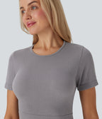 OneForm Seamless Flow Round Neck Short Sleeve Cropped Lounge Top — Steel Gray — view 4
