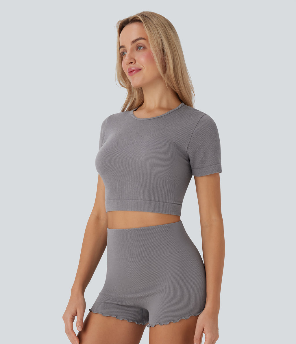 OneForm Seamless Flow Round Neck Short Sleeve Cropped Lounge Top — Steel Gray — view 3