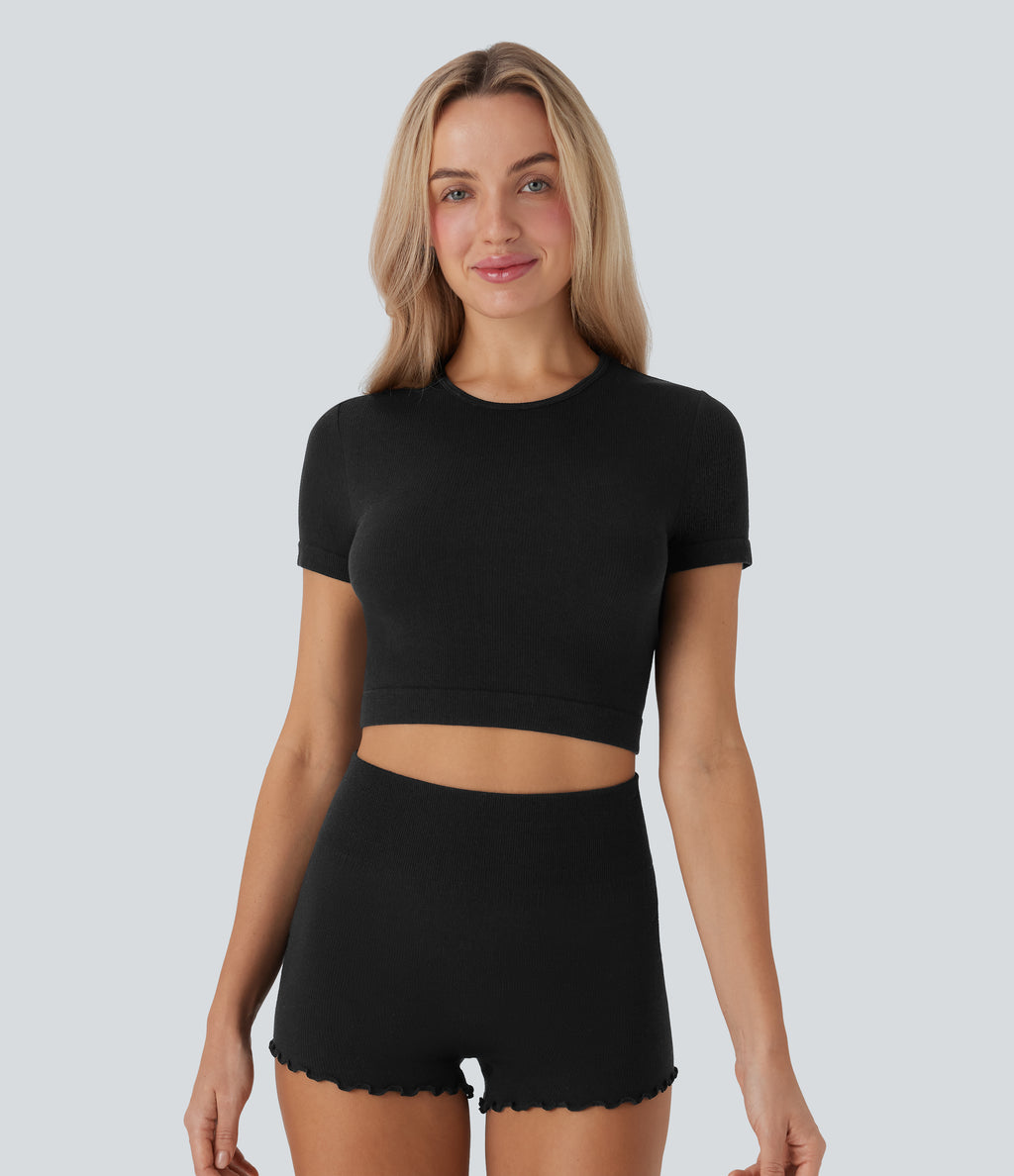 OneForm Seamless Flow Round Neck Short Sleeve Cropped Lounge Top — Black — view 6