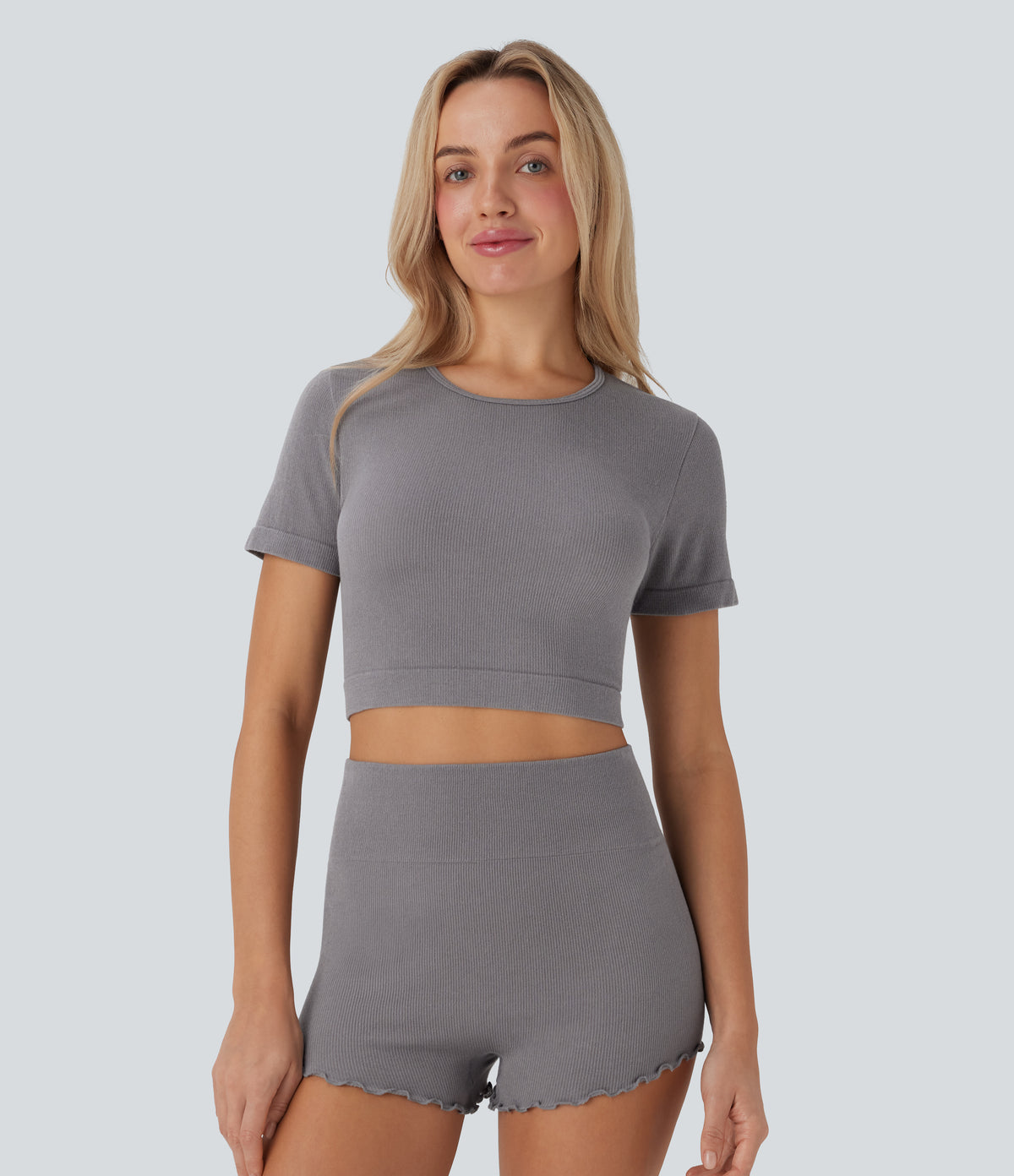 OneForm Seamless Flow Round Neck Short Sleeve Cropped Lounge Top — Steel Gray — view 1