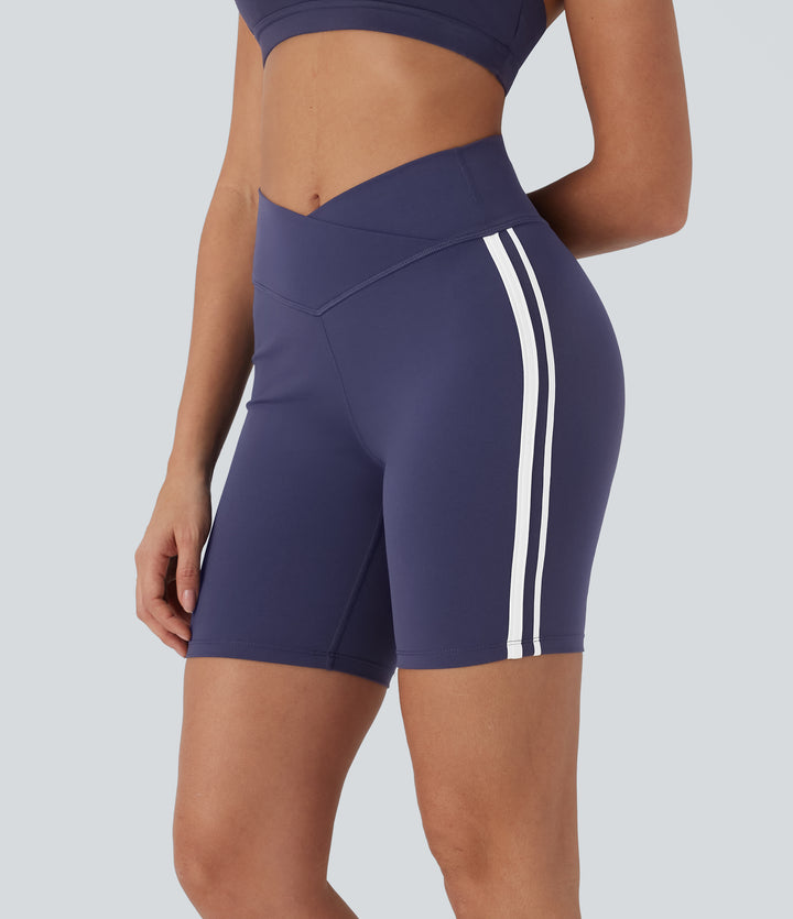 Crossover Mid Rise Colour Block Stripe Yoga Biker Shorts 7'' — Deep Cobalt — view 1
