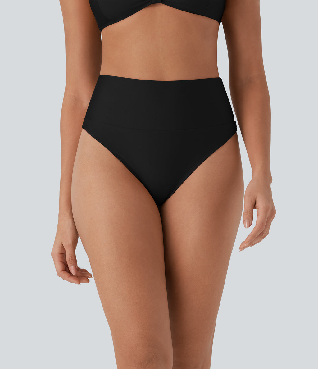 High Waisted Tummy Control Sheen Bikini Bottom Swimsuit — Black — view 6