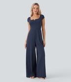 Airy Short Sleeve Wide Leg InstantCool Yoga Jumpsuit with Pockets-Edition — Mood Indigo — view 3