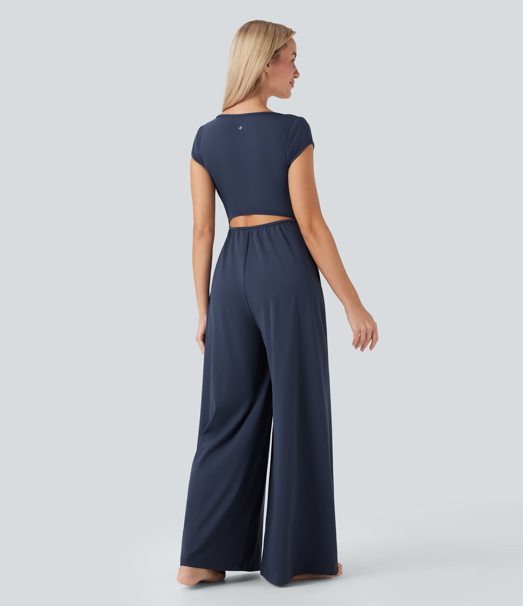 Airy Short Sleeve Wide Leg InstantCool Yoga Jumpsuit with Pockets-Edition — Mood Indigo — view 2
