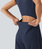 Airy Short Sleeve Wide Leg InstantCool Yoga Jumpsuit with Pockets-Edition — Mood Indigo — view 4