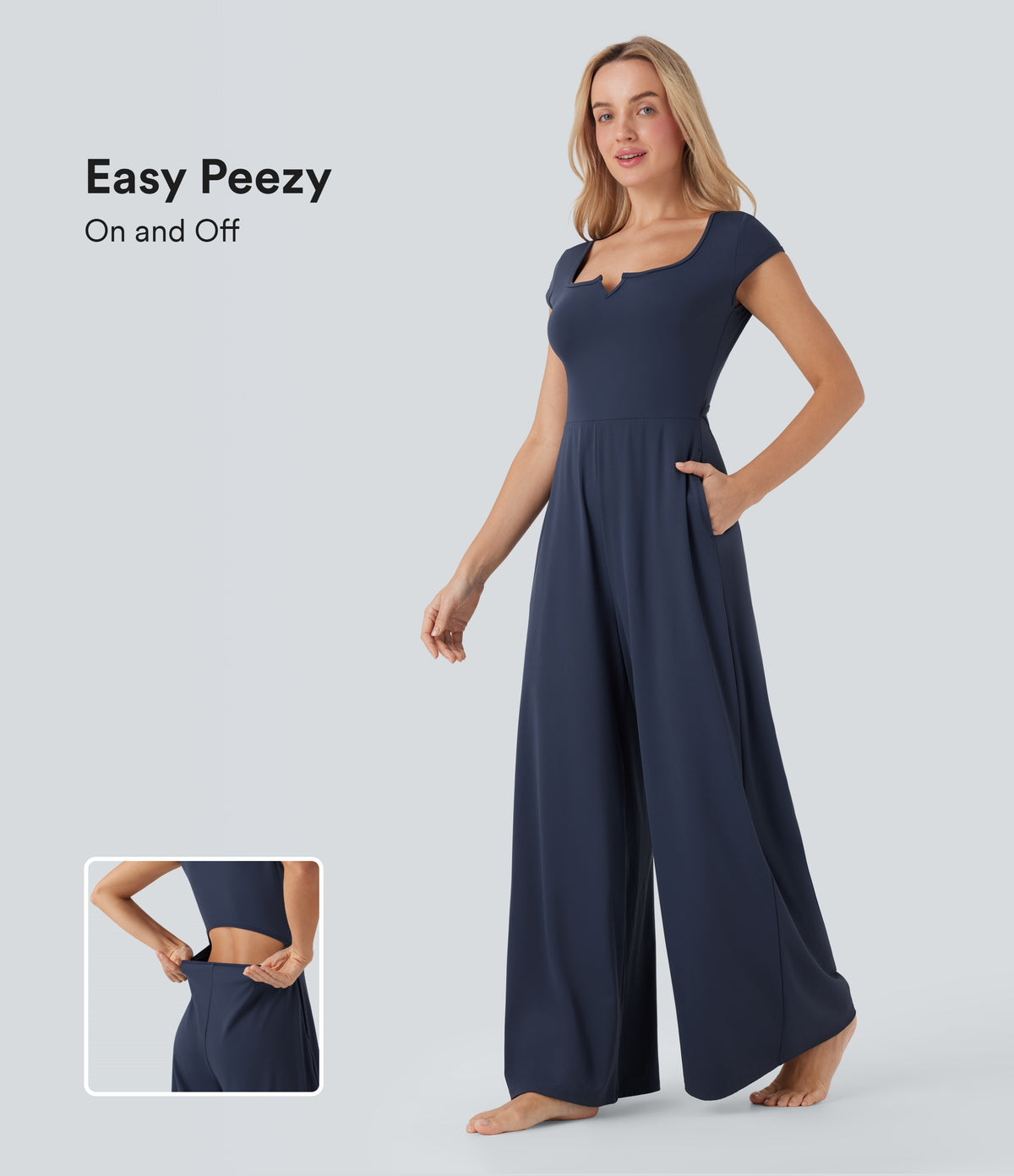 Airy Short Sleeve Wide Leg InstantCool Yoga Jumpsuit with Pockets-Edition — Mood Indigo — view 1