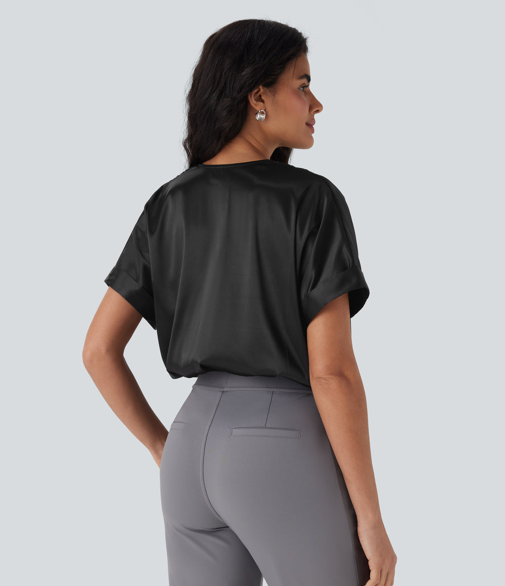 Crossover V-Neck Batwing-Sleeve Snap Button Satin Work Bodysuit — Black — view 2