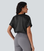 Crossover V-Neck Batwing-Sleeve Snap Button Satin Work Bodysuit — Black — view 2