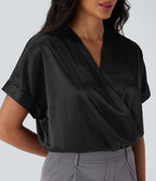 Crossover V-Neck Batwing-Sleeve Snap Button Satin Work Bodysuit — Black — view 6