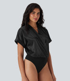 Crossover V-Neck Batwing-Sleeve Snap Button Satin Work Bodysuit — Black — view 4