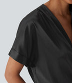 Crossover V-Neck Batwing-Sleeve Snap Button Satin Work Bodysuit — Black — view 5