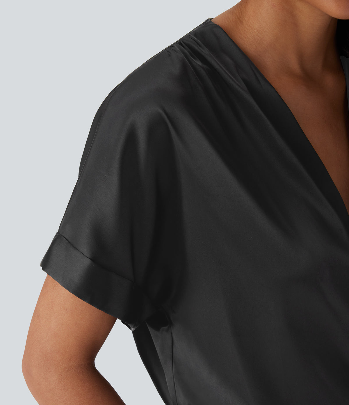 Crossover V-Neck Batwing-Sleeve Snap Button Satin Work Bodysuit — Black — view 5