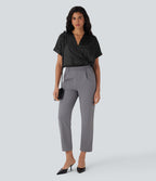 Crossover V-Neck Batwing-Sleeve Snap Button Satin Work Bodysuit — Black — view 7