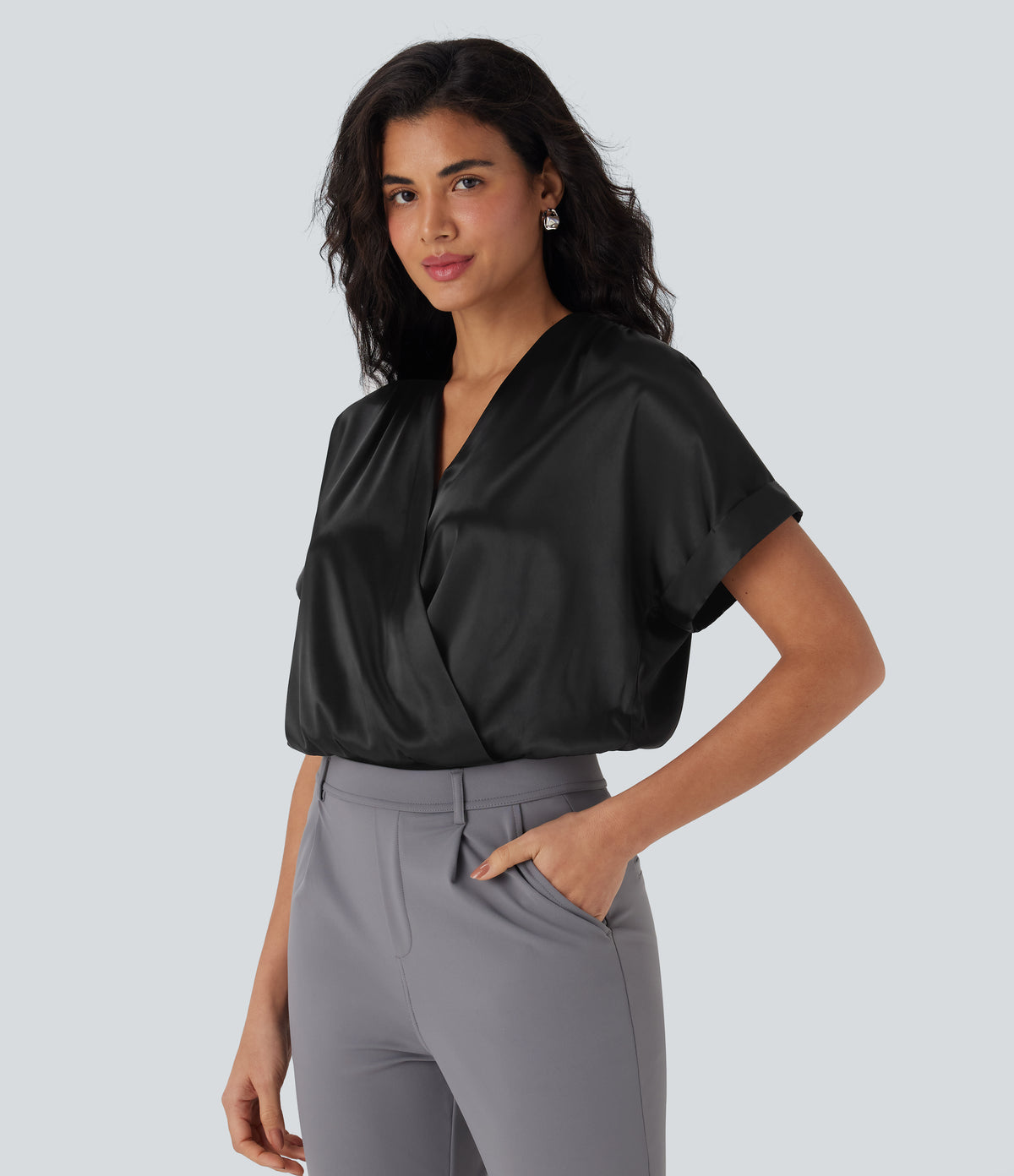 Crossover V-Neck Batwing-Sleeve Snap Button Satin Work Bodysuit — Black — view 3