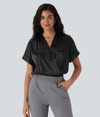 Crossover V-Neck Batwing-Sleeve Snap Button Satin Work Bodysuit — Black — view 1
