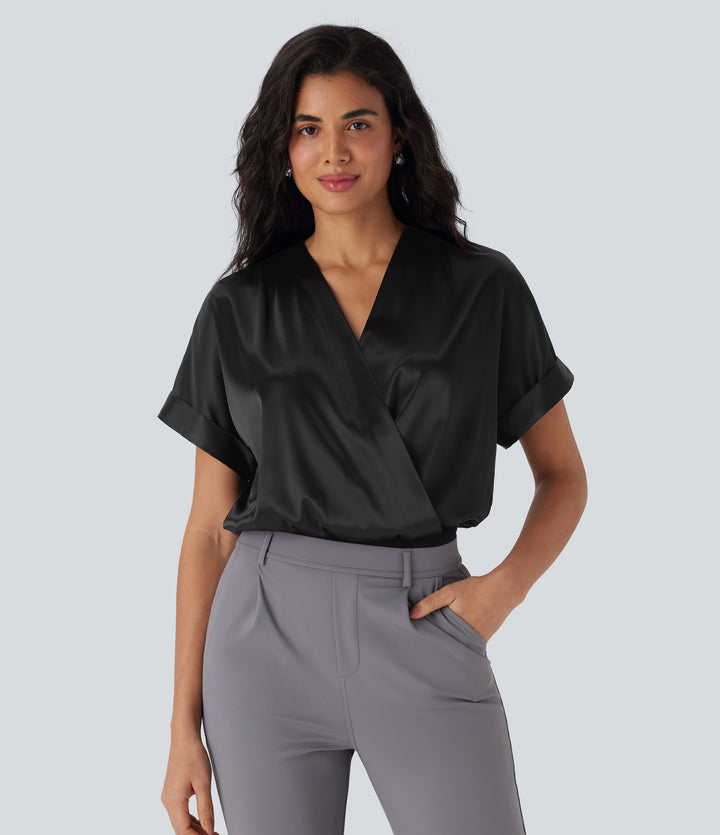 Crossover V-Neck Batwing-Sleeve Snap Button Satin Work Bodysuit — Black — view 1