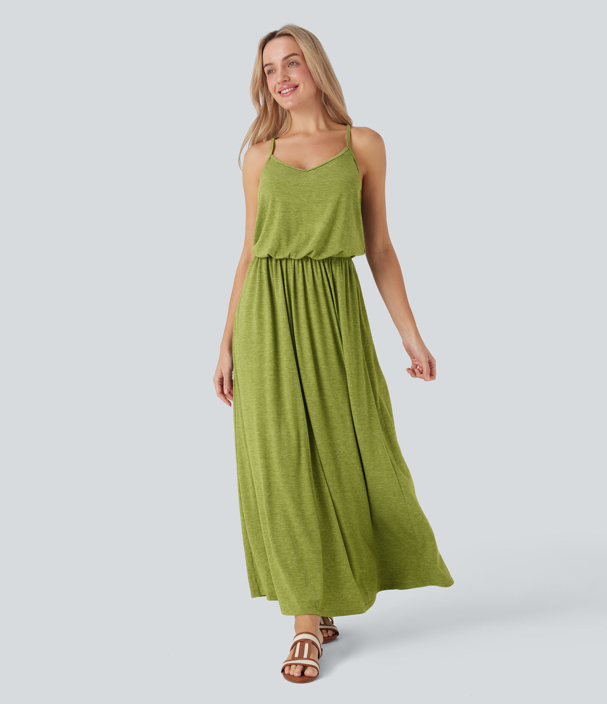 Adjustable Strap Maxi Flowy Resort Slip Dress with Pockets — Soft Meadow Green — view 13