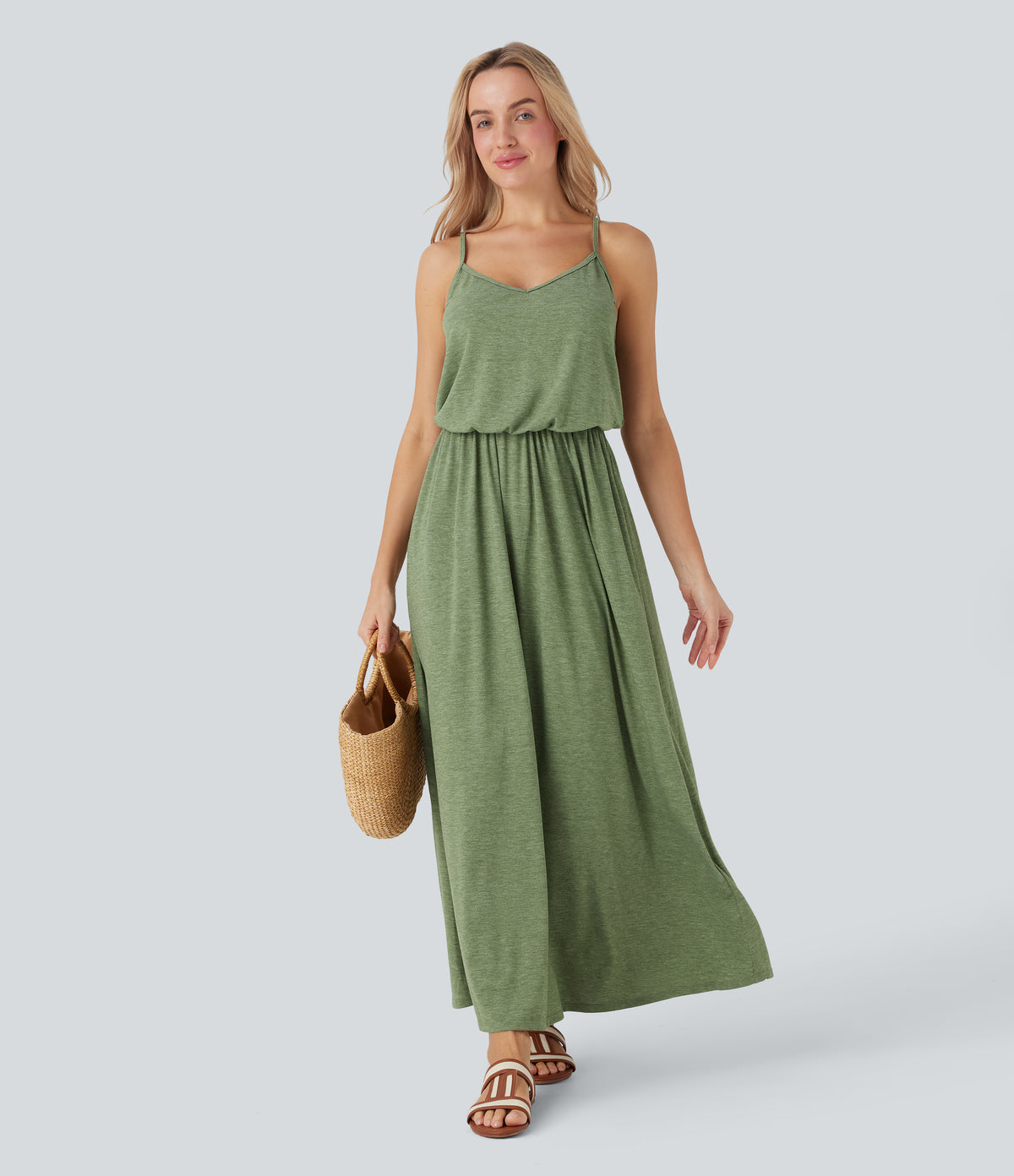 Adjustable Strap Maxi Flowy Resort Slip Dress with Pockets — Light Green Floral Yarn — view 7