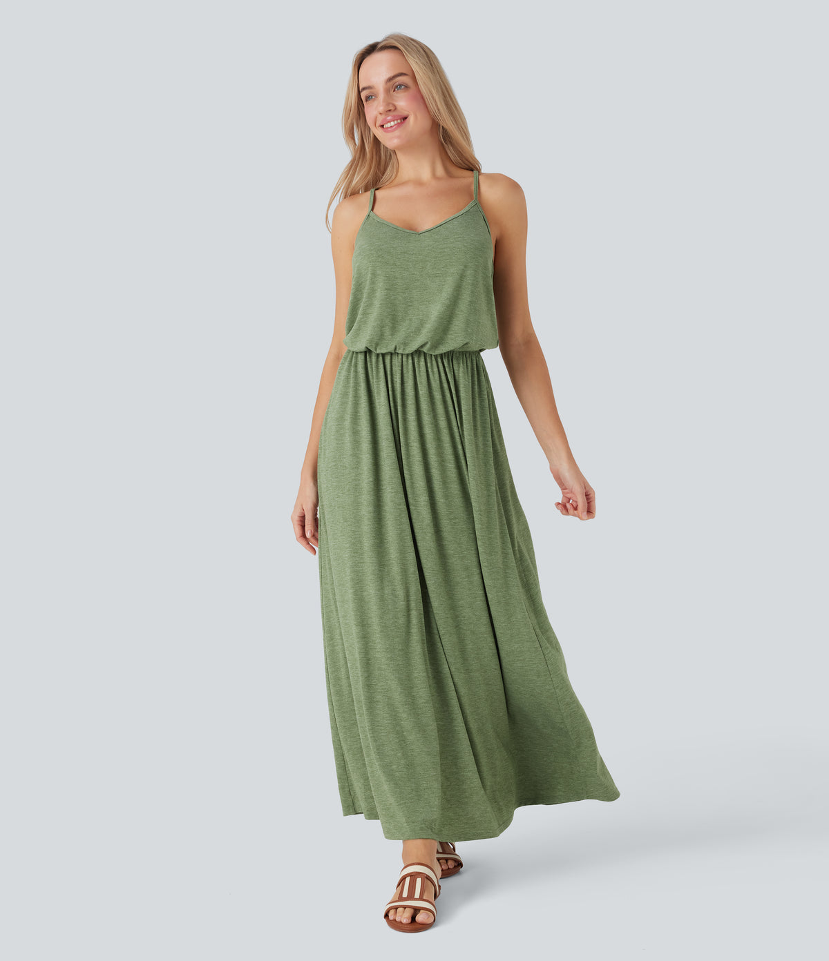 Adjustable Strap Maxi Flowy Resort Slip Dress with Pockets — Light Green Floral Yarn — view 1
